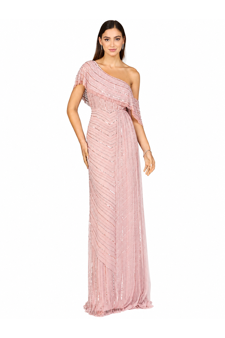 Off Shoulder Sheath Beaded Gown, Main, color, DustyRose