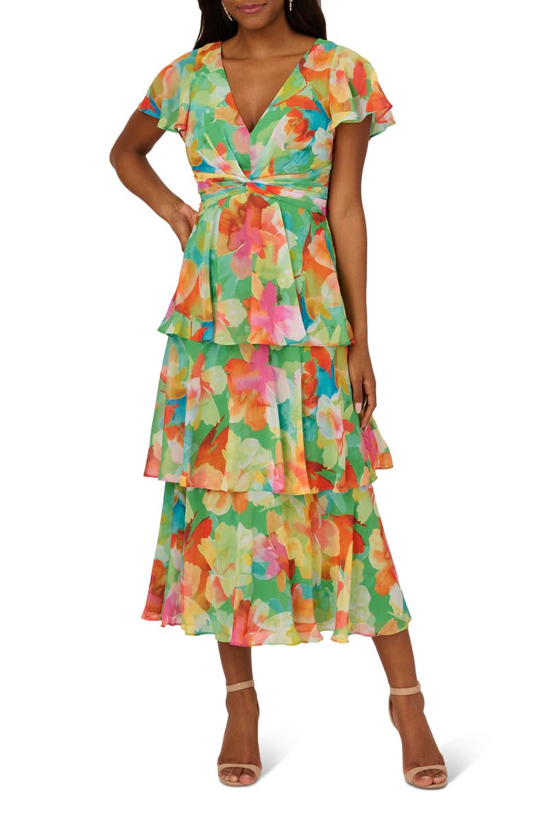 Adrianna Papell Floral Tiered Chiffon Midi Dress, Main, color,