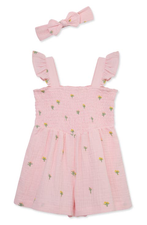 Floral Embroidered Cotton Romper & Headband Set (Baby)