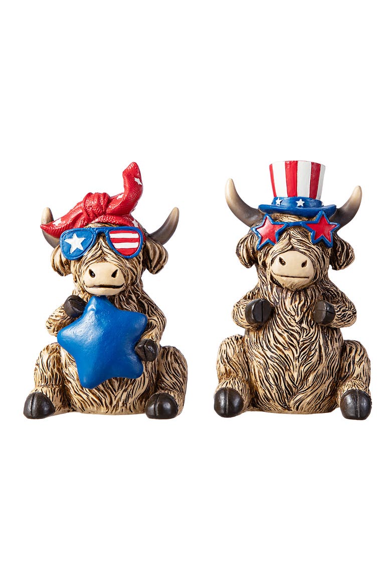 Set of 2 Patriotic Americana Resin Highland Cow with Stars Table Decor, Main, color, Blue