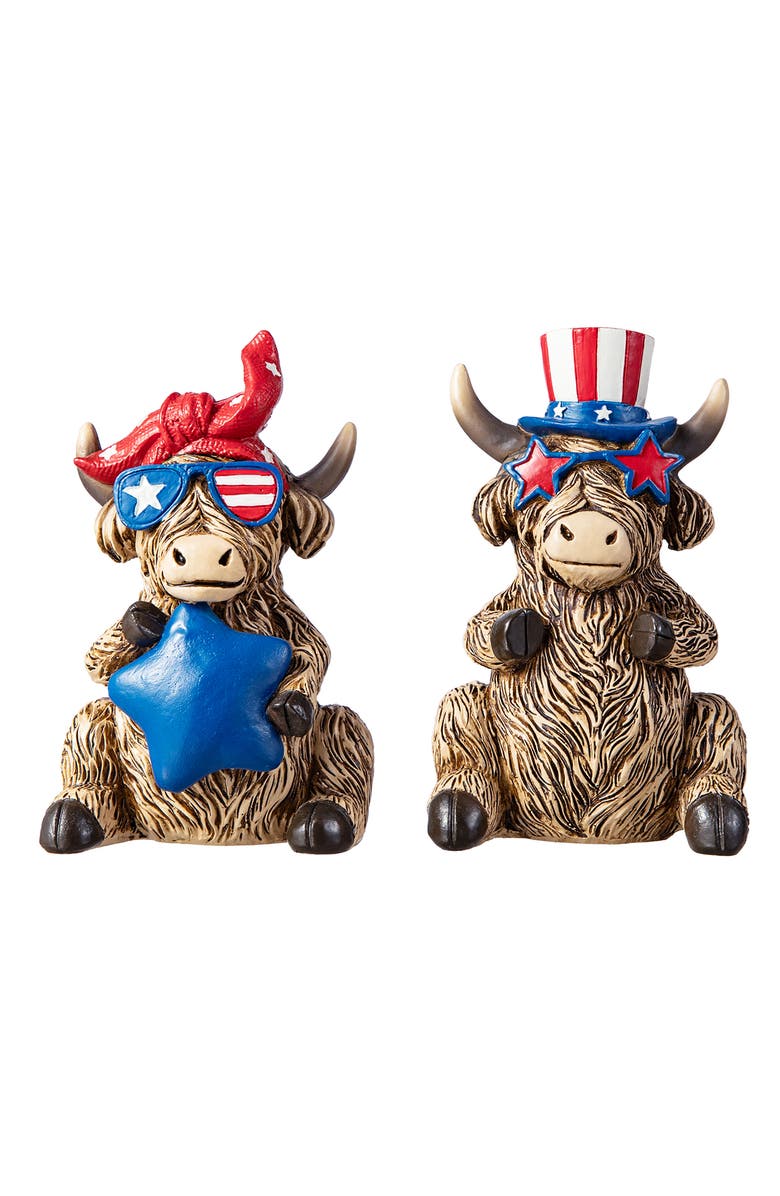 Glitzhome Set of 2 Patriotic Americana Resin Highland Cow with Stars Table Decor, Main, color, 