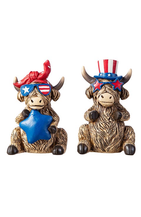 Set of 2 Patriotic Americana Resin Highland Cow with Stars Table Decor