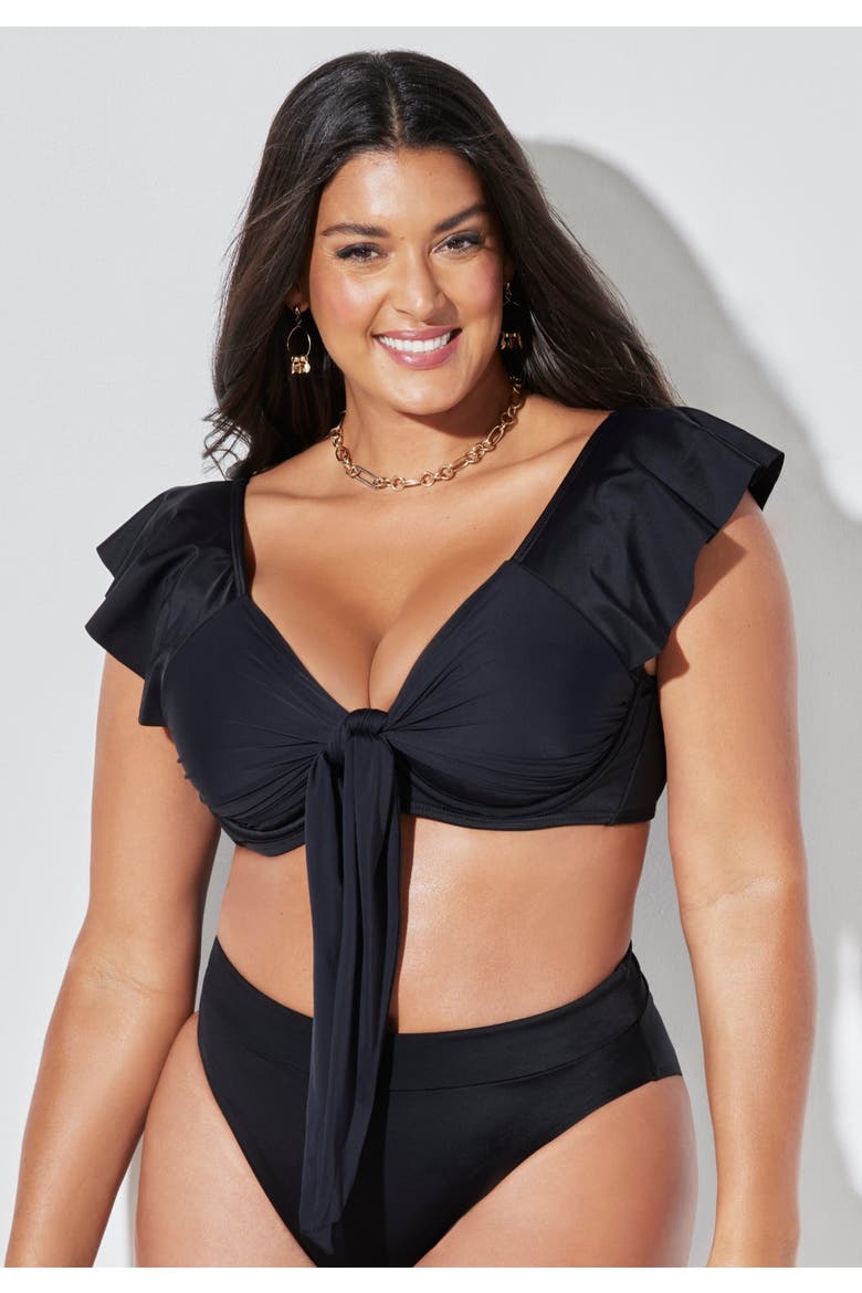 Tie Front Cup Sized Cap Sleeve Underwire Bikini Top, Alternate, color, Black