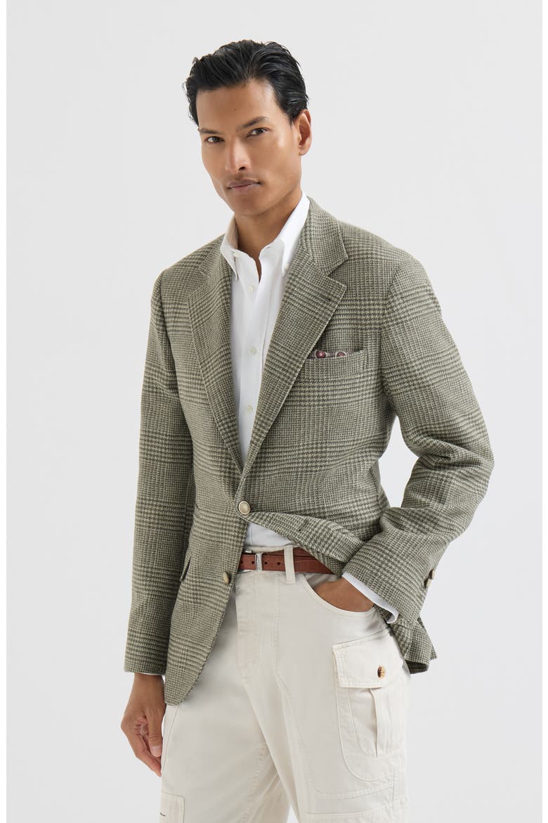 Comfort wool and cashmere Prince of Wales flannel deconstructed blazer, Main, color, Military