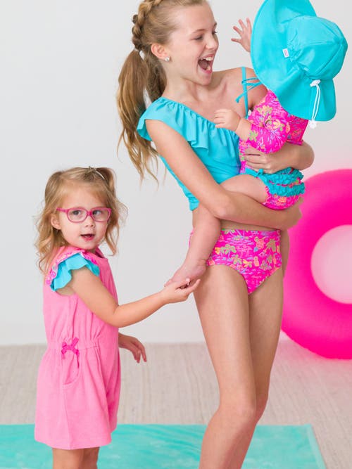 Rufflebutts Baby Girls Long Sleeve Upf50+ One Piece Rash Guard In Neon Island Time