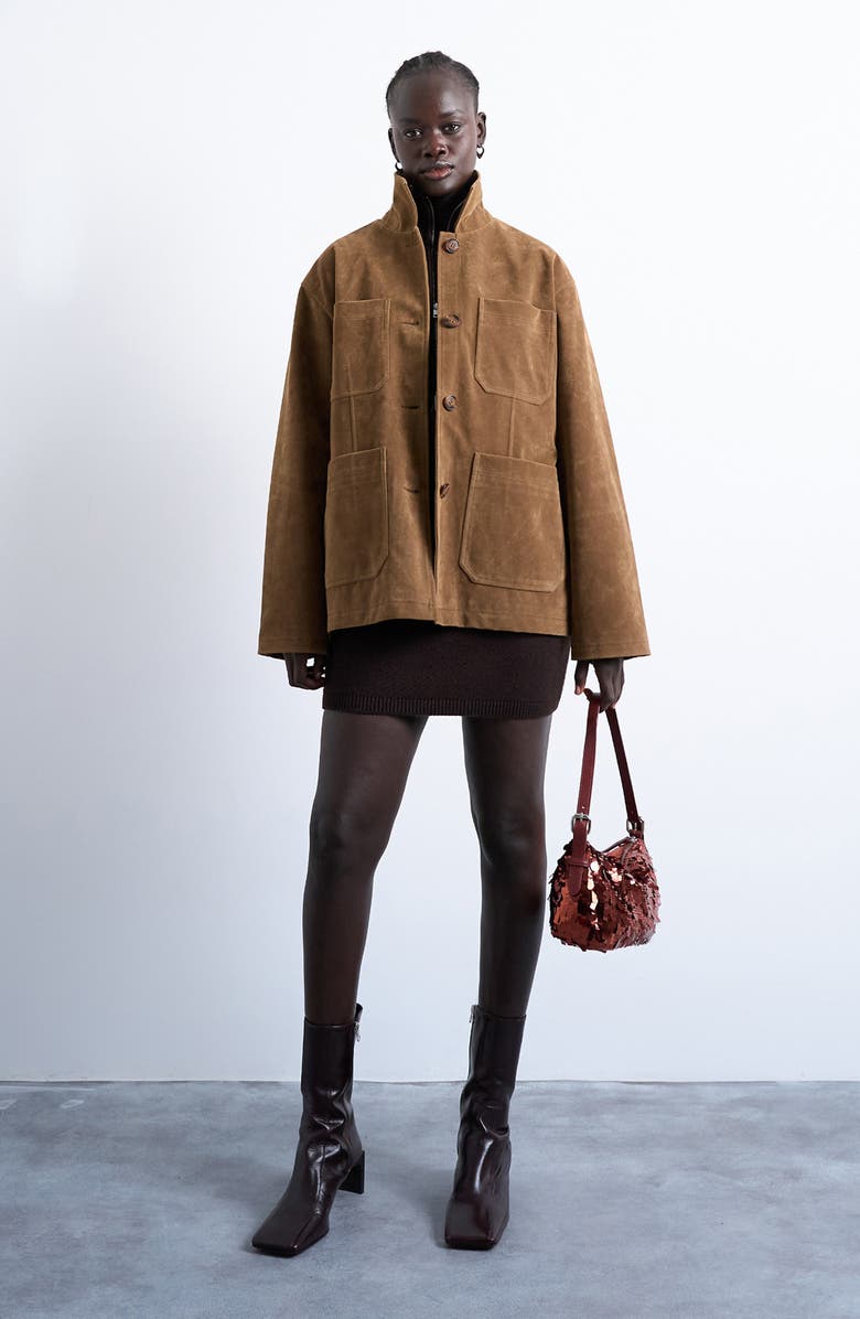 Topshop Faux Suede Shirt Jacket, Alternate, color, Brown