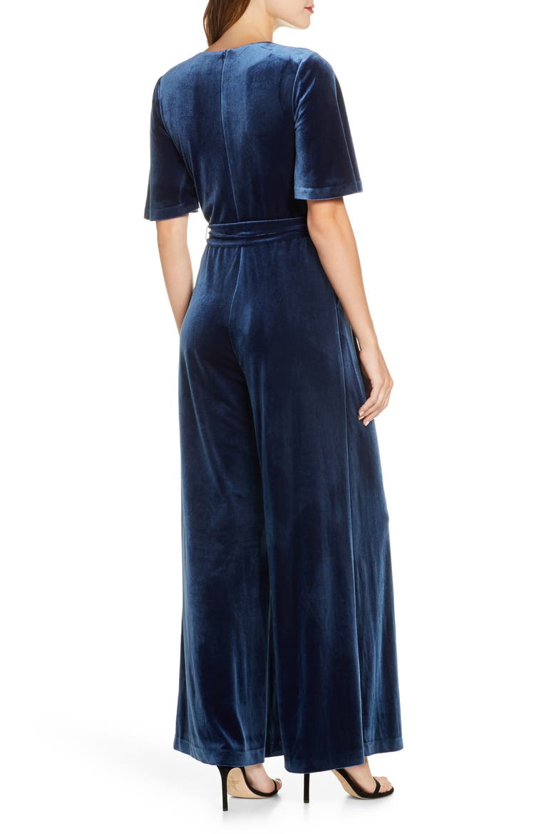 Wide Leg Faux Wrap Velvet Jumpsuit, Alternate, color, BLUE