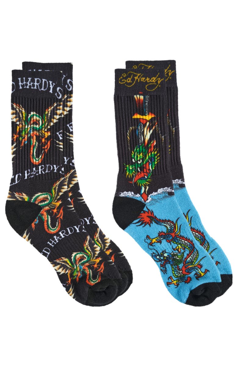 Ed Hardy 360 Print Full Cushion Crew Sock 2-Pack, Alternate, color, Black
