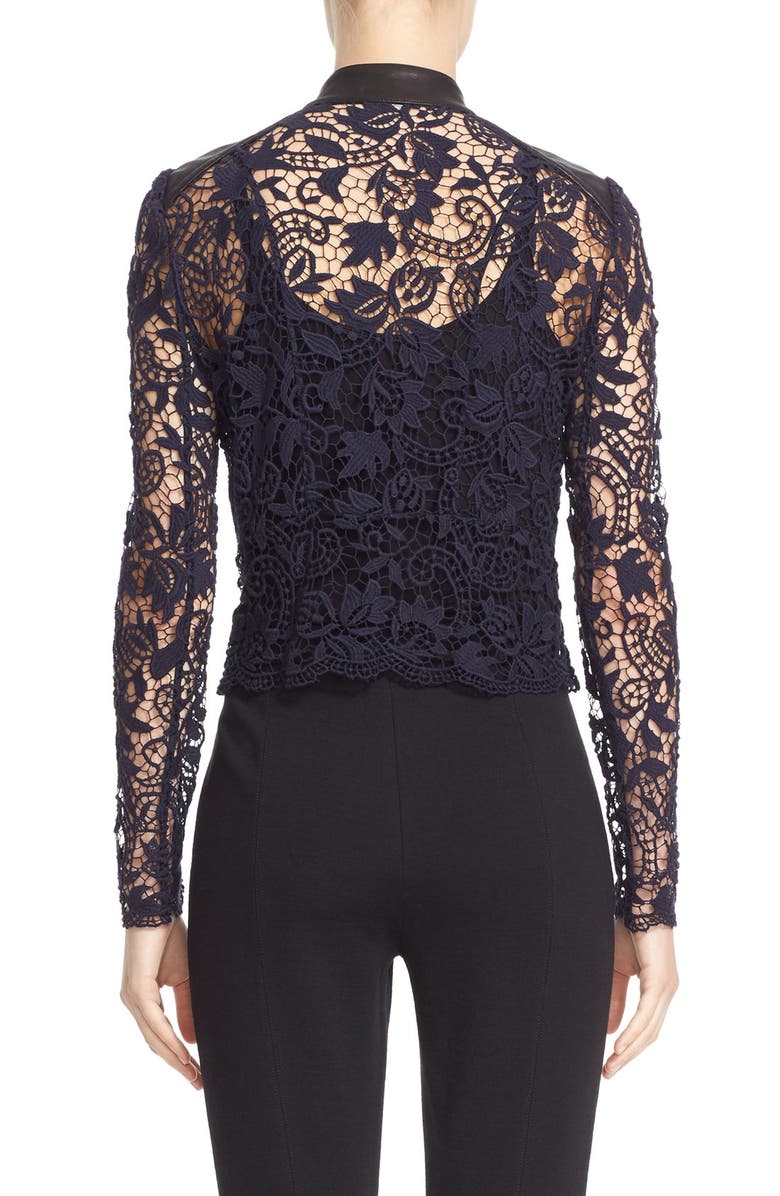 Yigal Azrouël Guipure Lace & Lambskin Leather Moto Jacket, Alternate, color, 