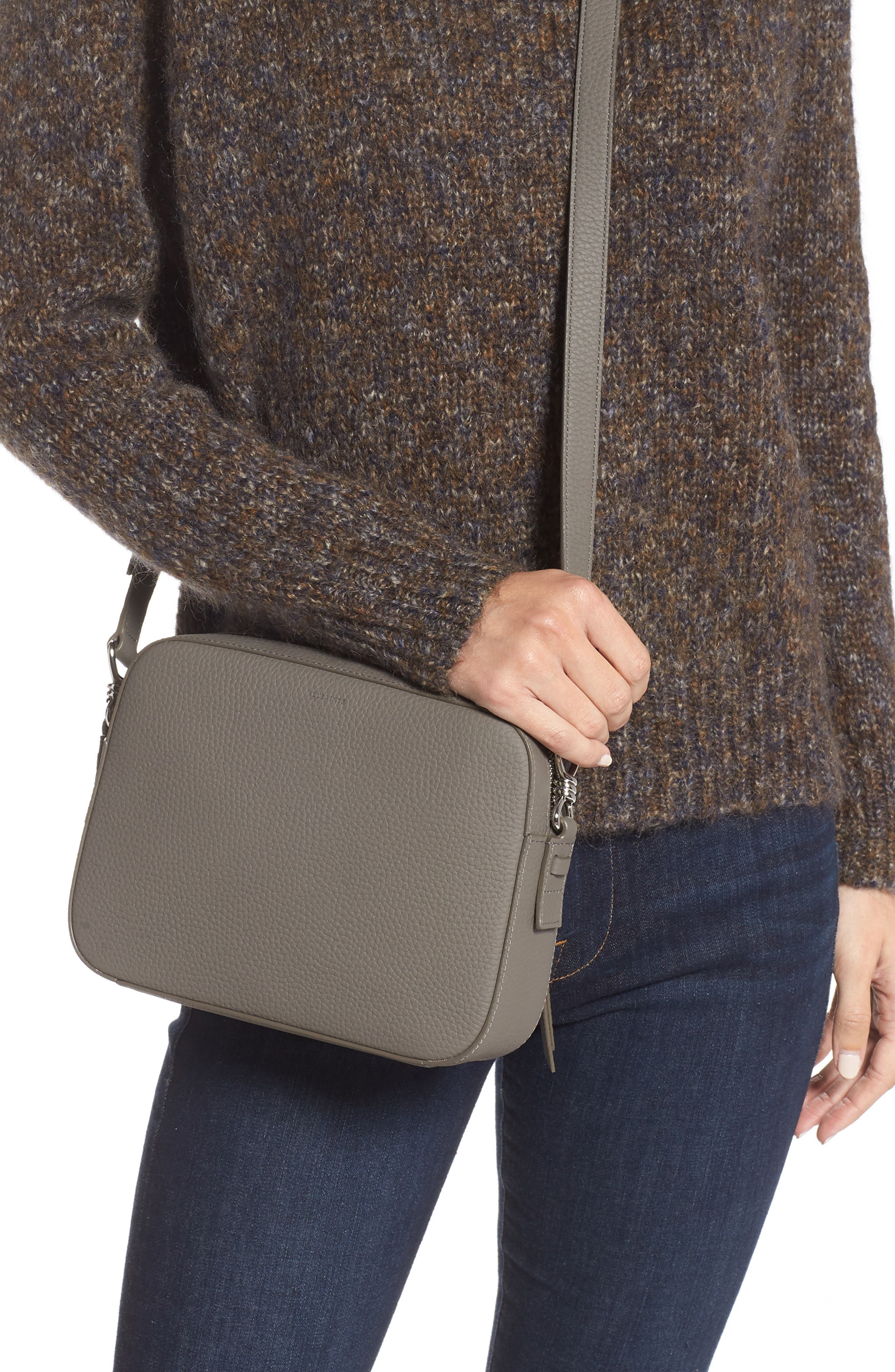 AllSaints Leather Camera Crossbody Bag, Alternate, color, Storm Grey