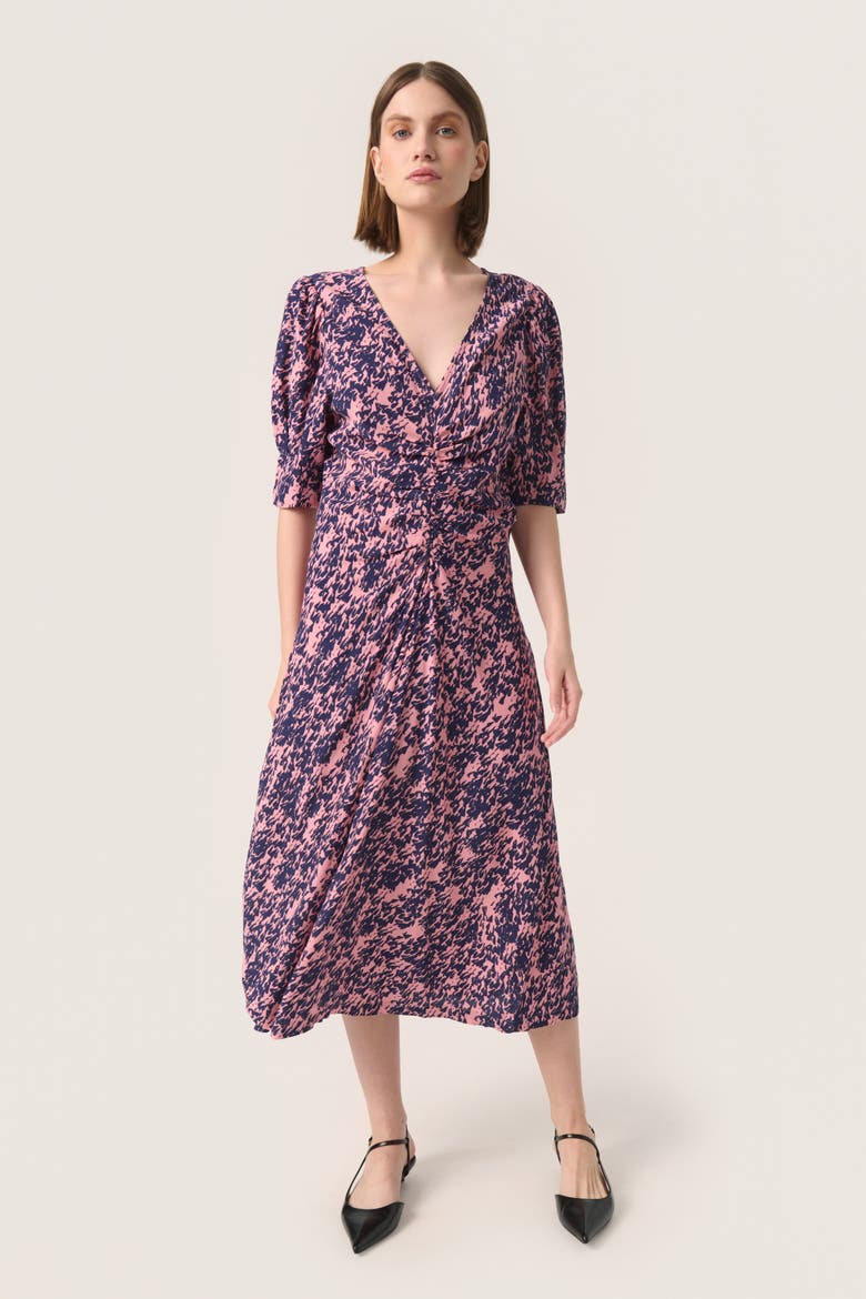 SLSylvia V-neck Short Sleeve Midi Dress, Main, color, Blush Drop Print