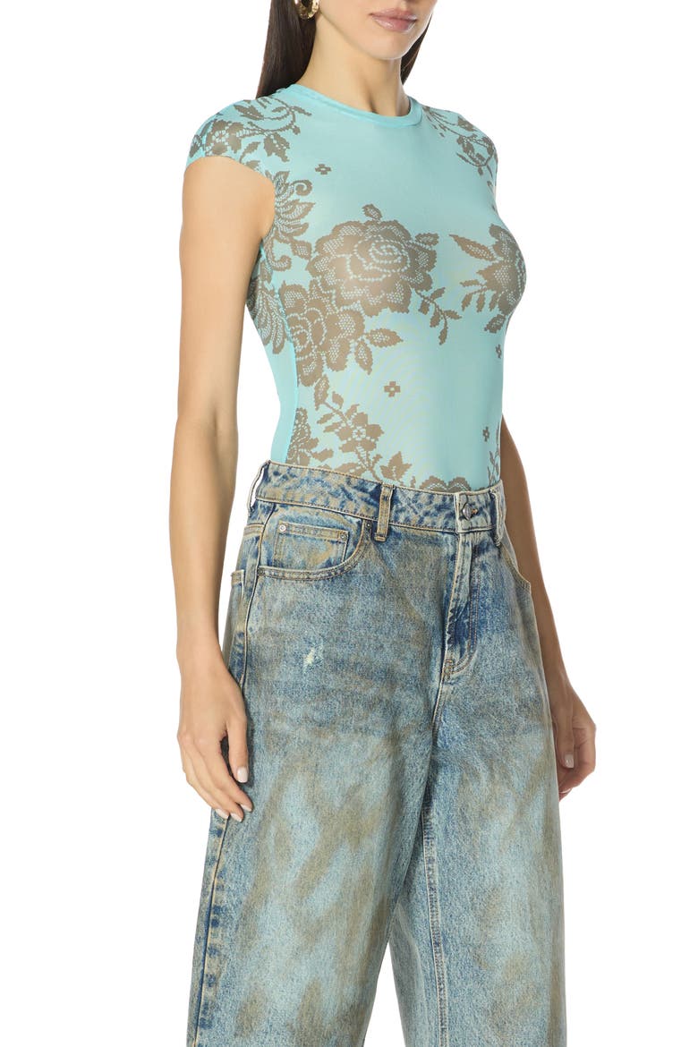 Nina Crewneck Cap Sleeve Mesh Top, Alternate, color, TURQUOISE CROCHET