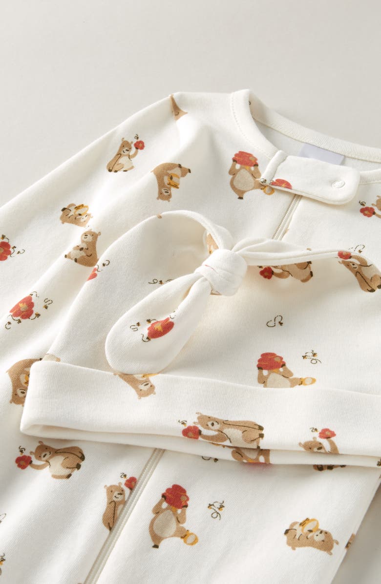 Nordstrom Print Zip Footie & Beanie Set, Alternate, color, Ivory- Yellow Honey Bears