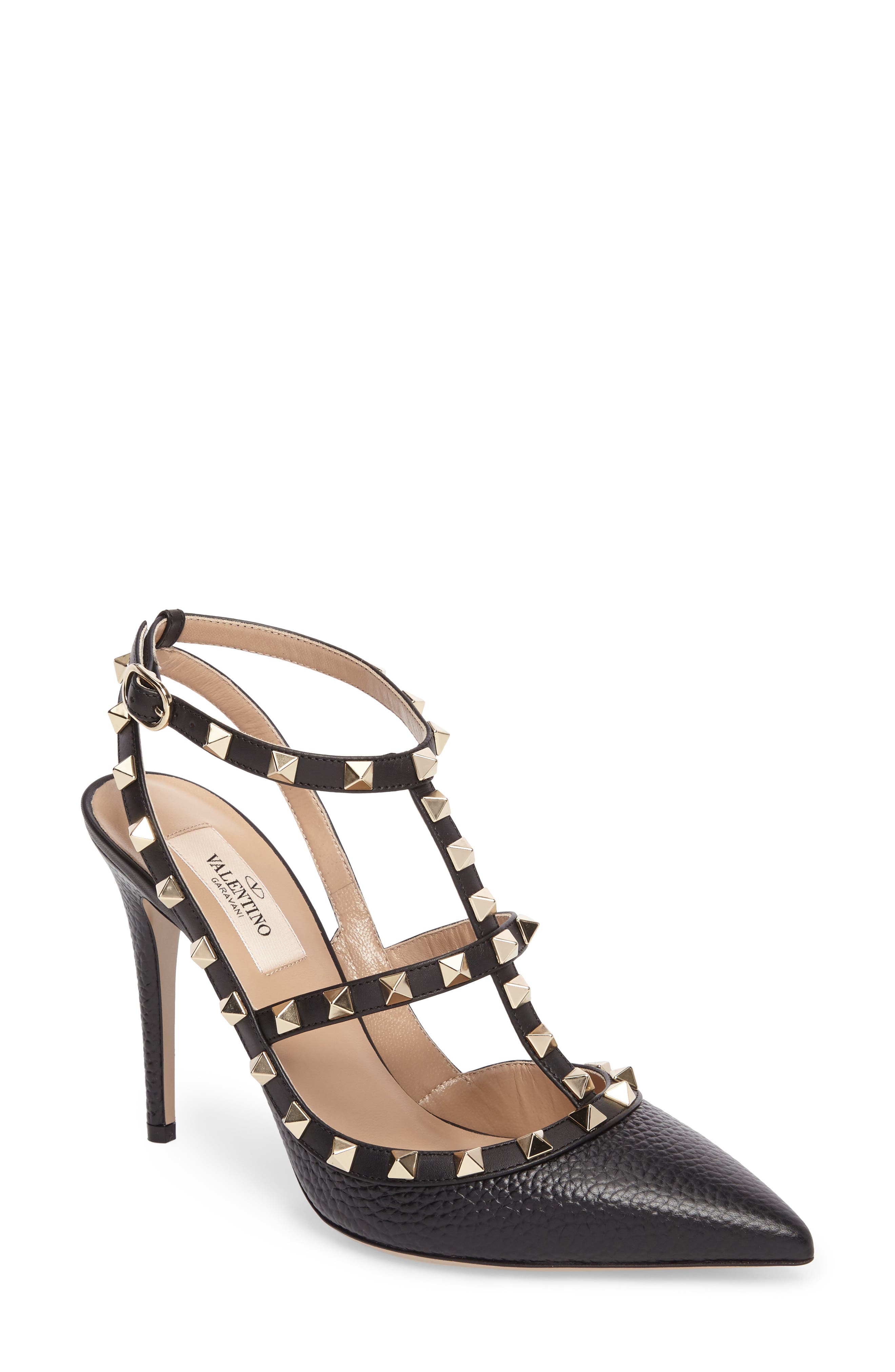 Rockstud T-Strap Pointed Toe Pump, Main, color, BLACK