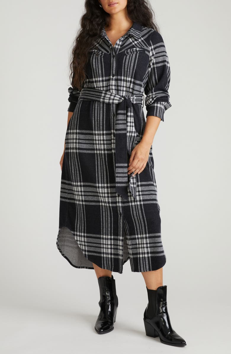 Universal Standard Morgan Long Sleeve Stretch Flannel Midi Shirtdress, Alternate, color, Highland Hug Black Plaid