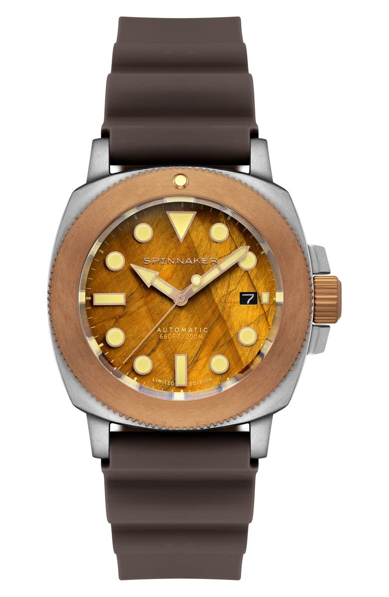SPINNAKER Hull Titanium Bronze Automatic Lapidary Tiger's Eye Silicone Strap Watch, 42mm, Main, color, 