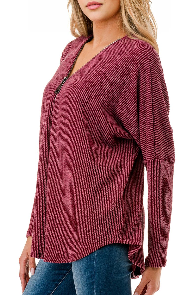 O.L. Quarter Zip Drop Shoulder Rib Long Sleeve Top, Alternate, color, Wine