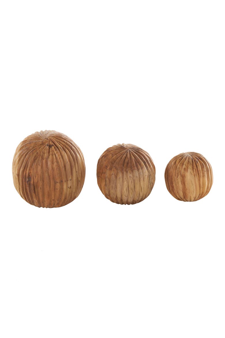 3-Piece Brown Teak Wood Decorative Orbs, Alternate, color, BROWN