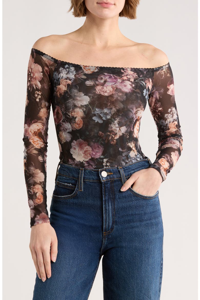 Peonie Off the Shoulder Bodysuit, Main, color, BLACK MULTI VINTAGE OIL FLOWER