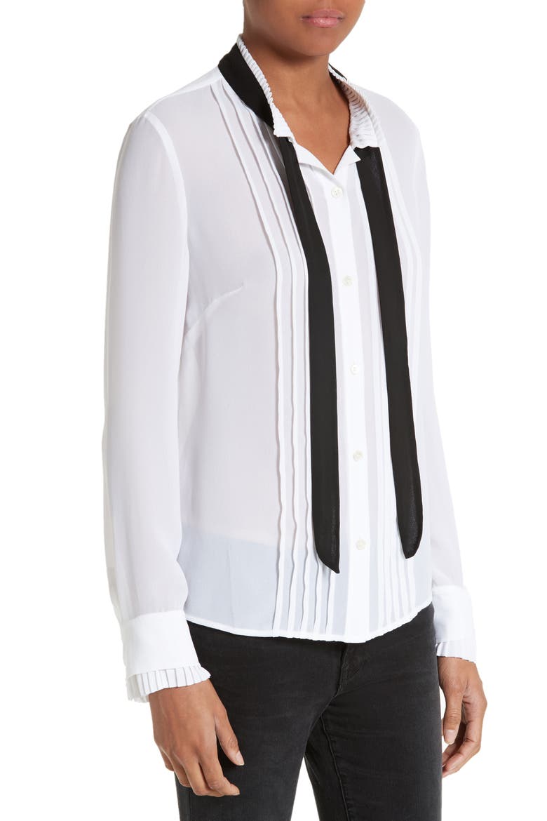 Tie Neck Edwardian Blouse, Alternate, color, BLANC WITH NOIR TIE
