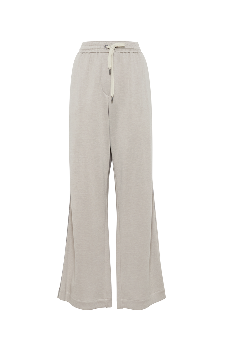 Brunello Cucinelli Comfort cotton and silk interlock wide trousers with precious stripe, Main, color, 