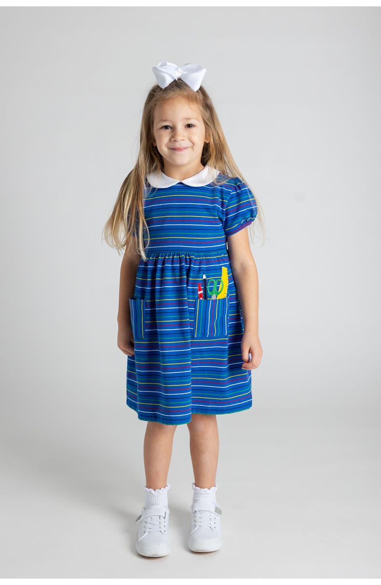 Florence Eiseman Stripe Knit Dress With School Supplies, Alternate, color, Royal Multicolor