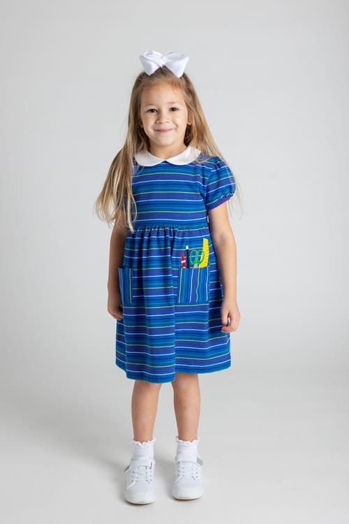 Florence Eiseman Girl's School Supplies Applique Stripe Knit Dress In Blue