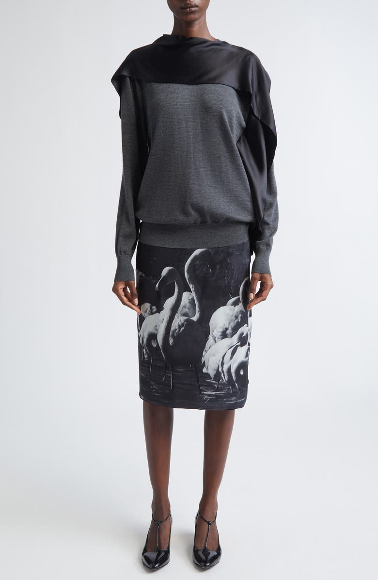 FERRAGAMO Trinidad Print Silk Georgette Midi Skirt, Alternate, color, Light Grey/ Nero