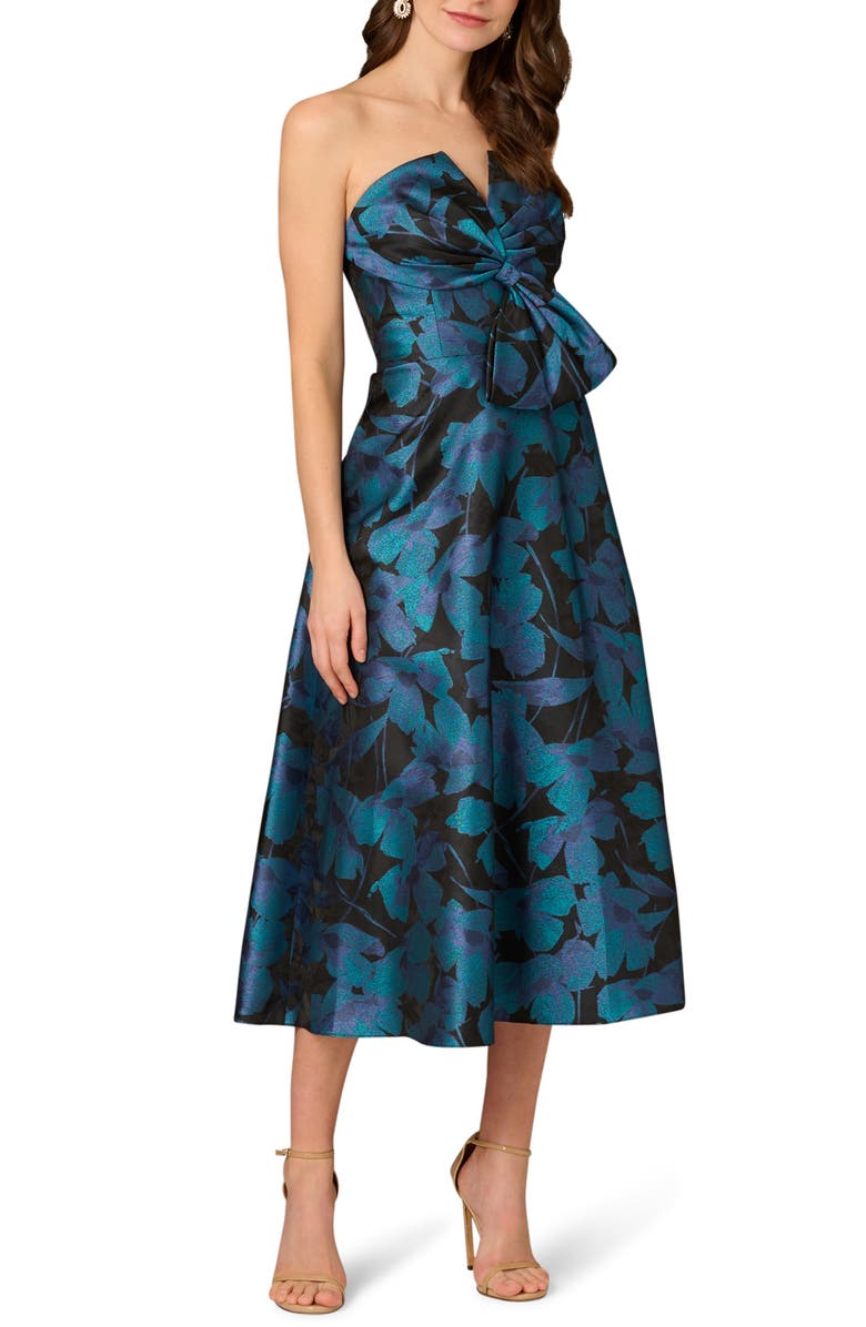 Aidan Mattox by Adrianna Papell Floral Jacquard Strapless Midi Cocktail Dress, Main, color, Blue Multi