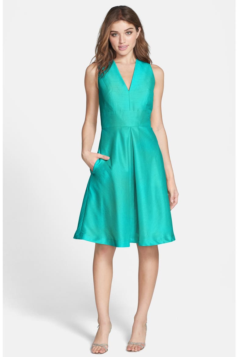V-Neck Dupioni Cocktail Dress, Main, color, AZURE
