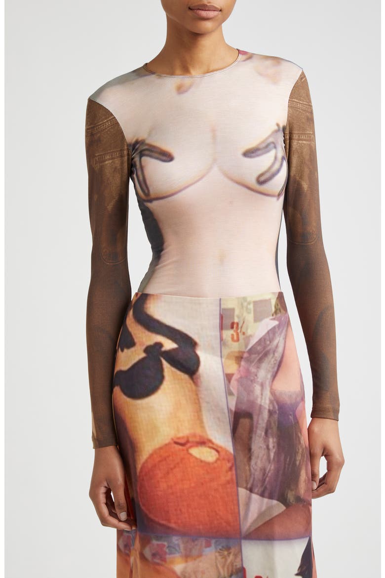 Ribbon Trompe l'Oeil Long Sleeve Jersey Bodysuit, Main, color, BROWN MULTI