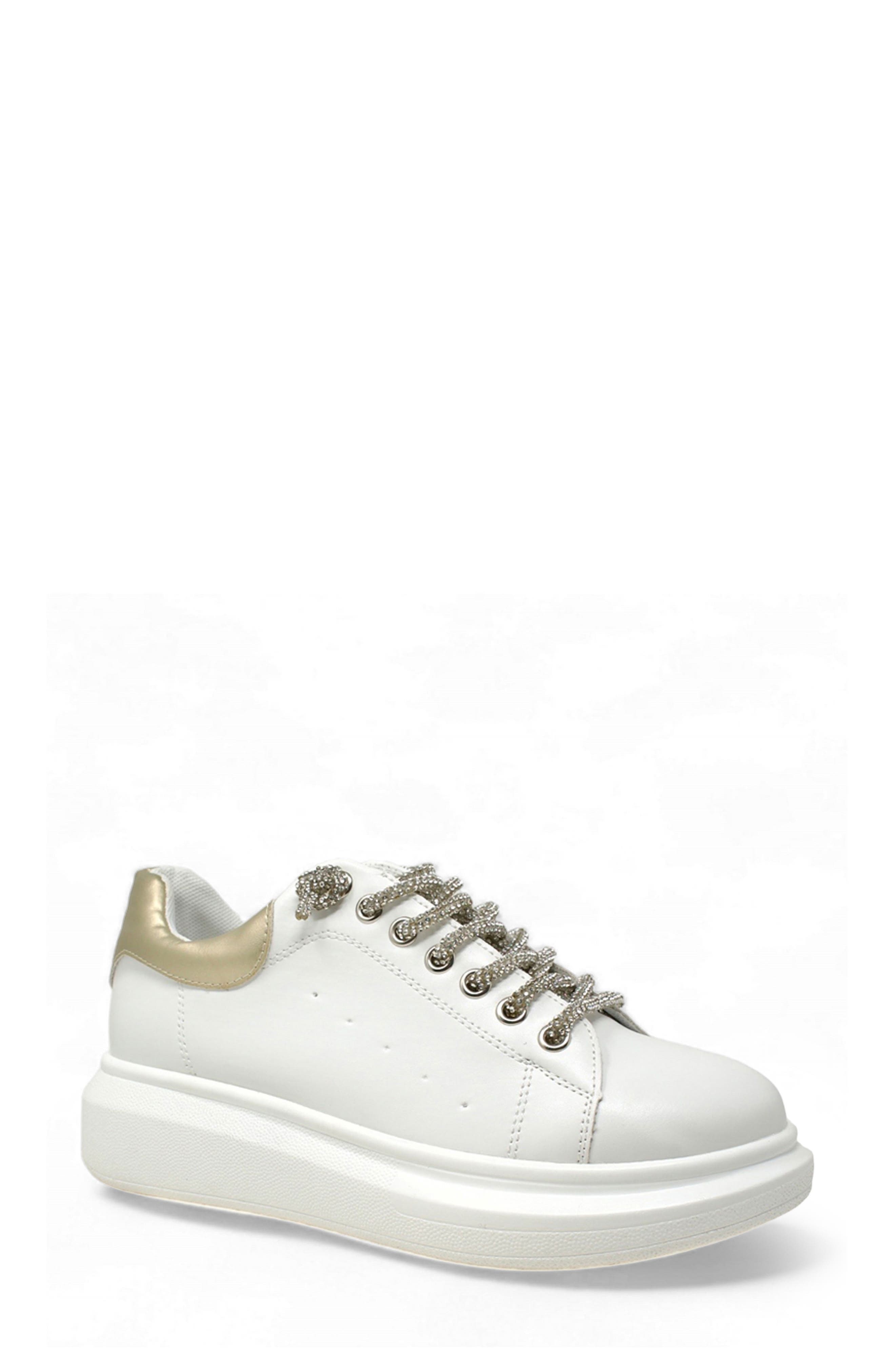 Rhinestone Faux Leather Platform Sneaker, Main, color, WHITE/GOLD