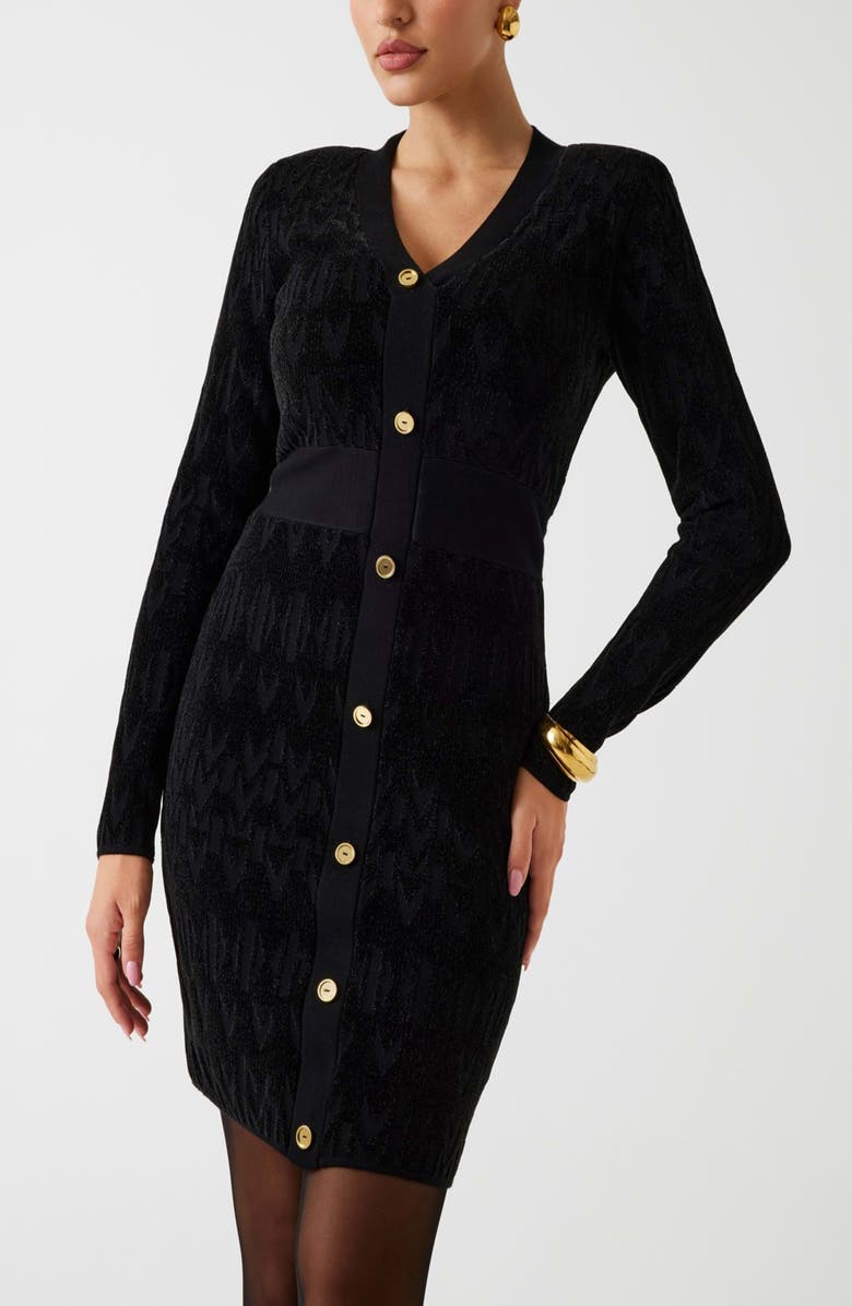 Marciano Adele Logo Jacquard Long Sleeve Chenille Sweater Dress, Alternate, color, Jblack-Black