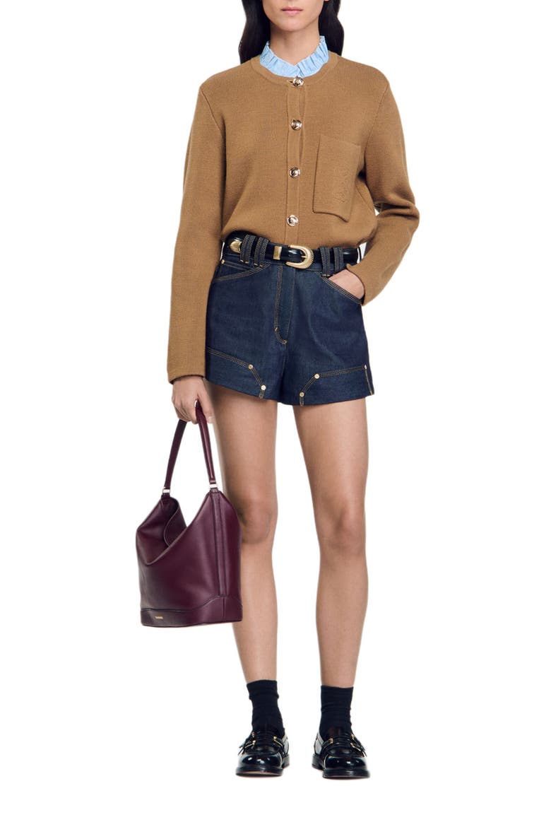Ruffled neck cardigan, Alternate, color, Camel