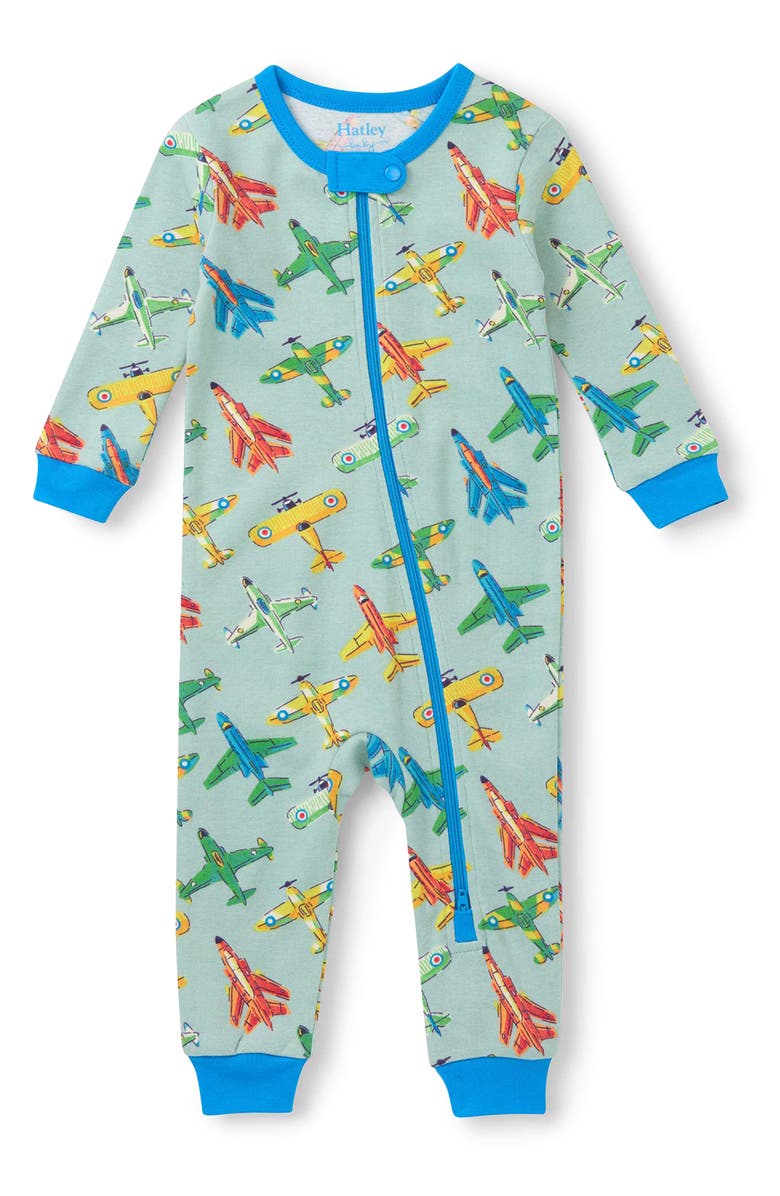 Hatley Vintage Aircrafts Organic Cotton Zip Romper, Main, color, Blue
