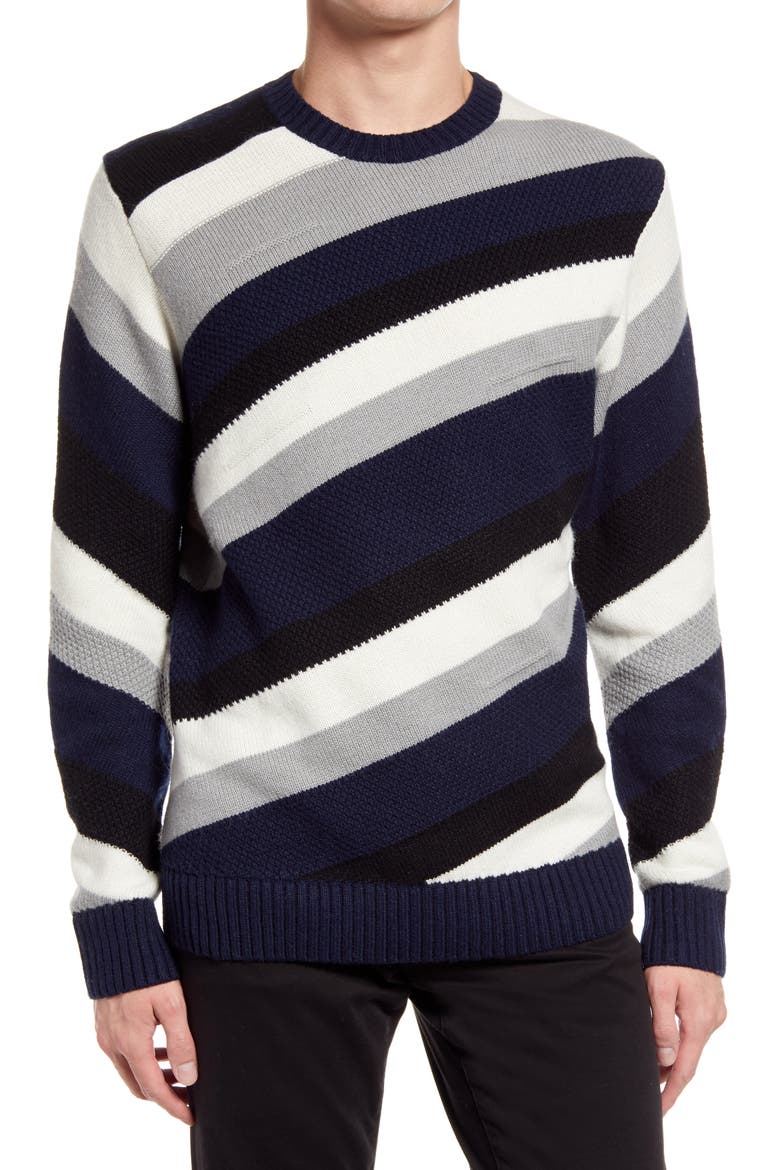 Diagonal Stripe Crewneck Sweater, Main, color, BLACK/ WHITE