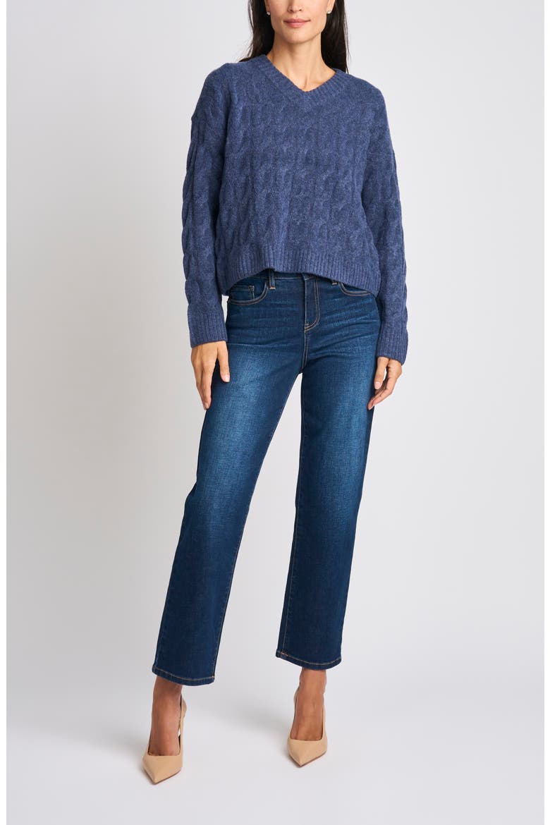 Cable Knit V-Neck Sweater, Alternate, color, INDIGO BLUE