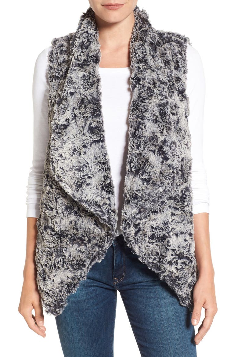 Draped Faux Fur Vest, Main, color, FROSTED BLACK