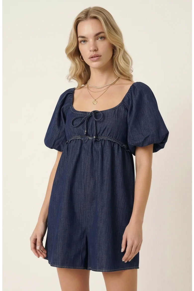Puff-Sleeve Romper with Tie Front, Alternate, color, Dark Blue