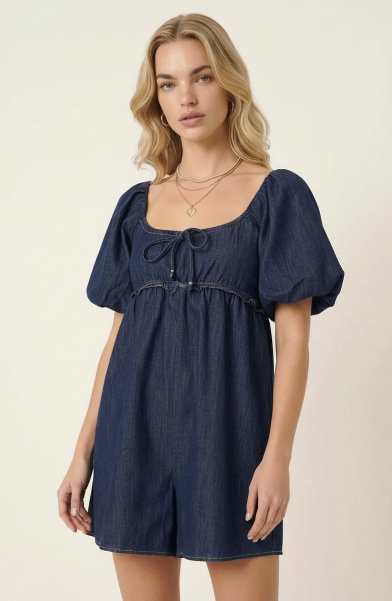 Modenaire Puff-Sleeve Romper with Tie Front, Alternate, color, Dark Blue