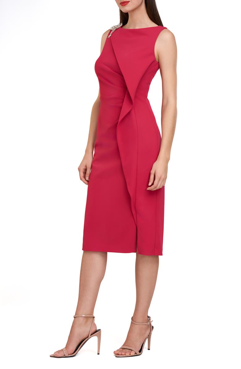 JS Collections Fern Crystal Detail Cascade Ruffle Crepe Cocktail Midi Dress, Alternate, color, 