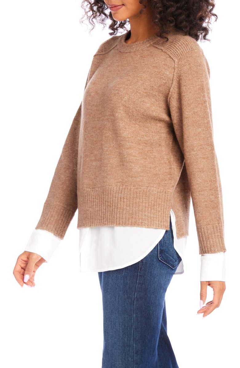 Karen Kane Mixed Media Layered Crewneck Sweater, Alternate, color, Wheat