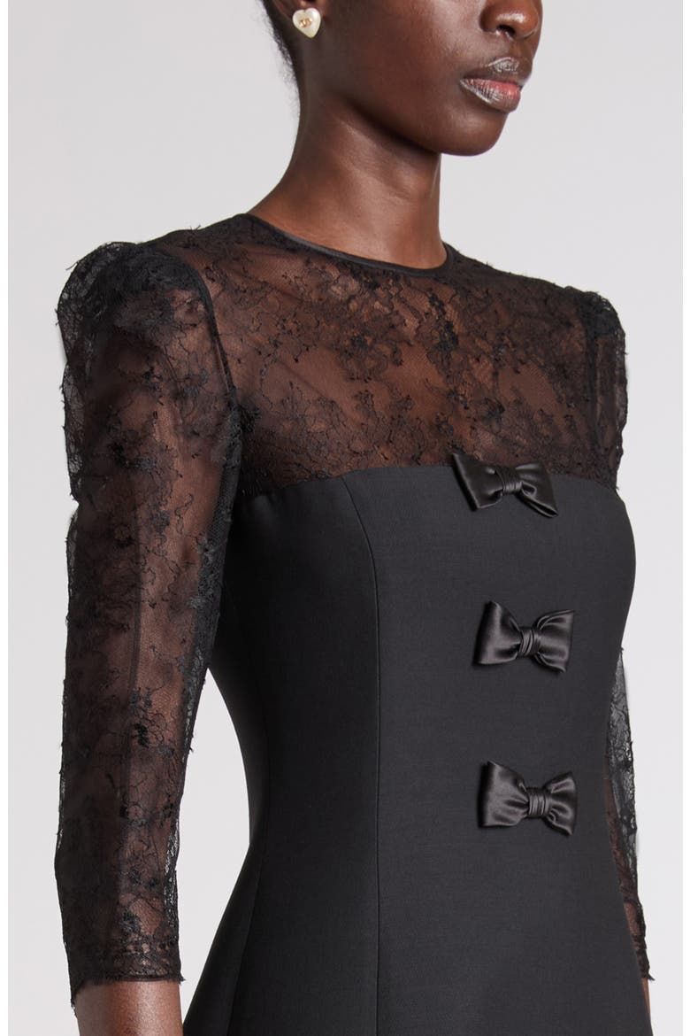Bow Detail Lace & Crepe Midi Dress, Alternate, color, BLACK
