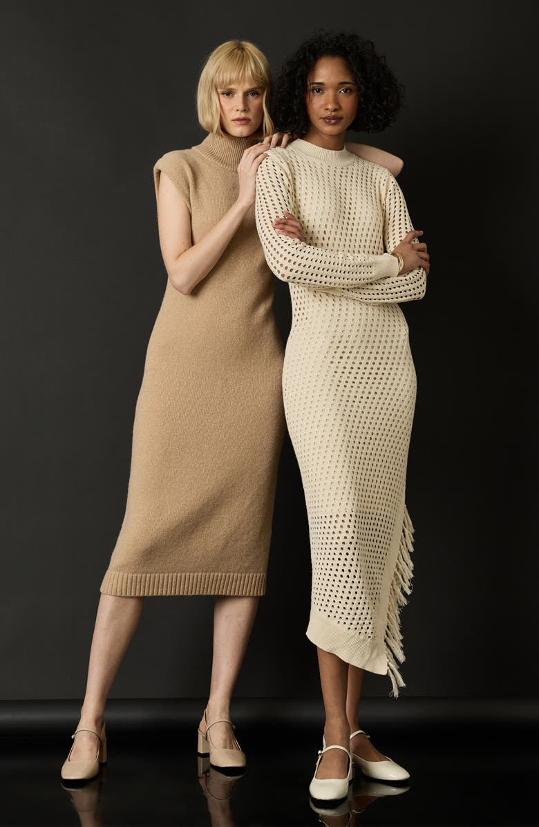 Luxely Open Stitch Fringe Long Sleeve Asymmetric Sweater Dress, Alternate, color, 