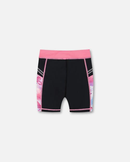 Deux Par Deux Little Girl's Printed Athletic Biker Short Black, Pink And Multicolored Butterflies In Black Pink And Multicolored