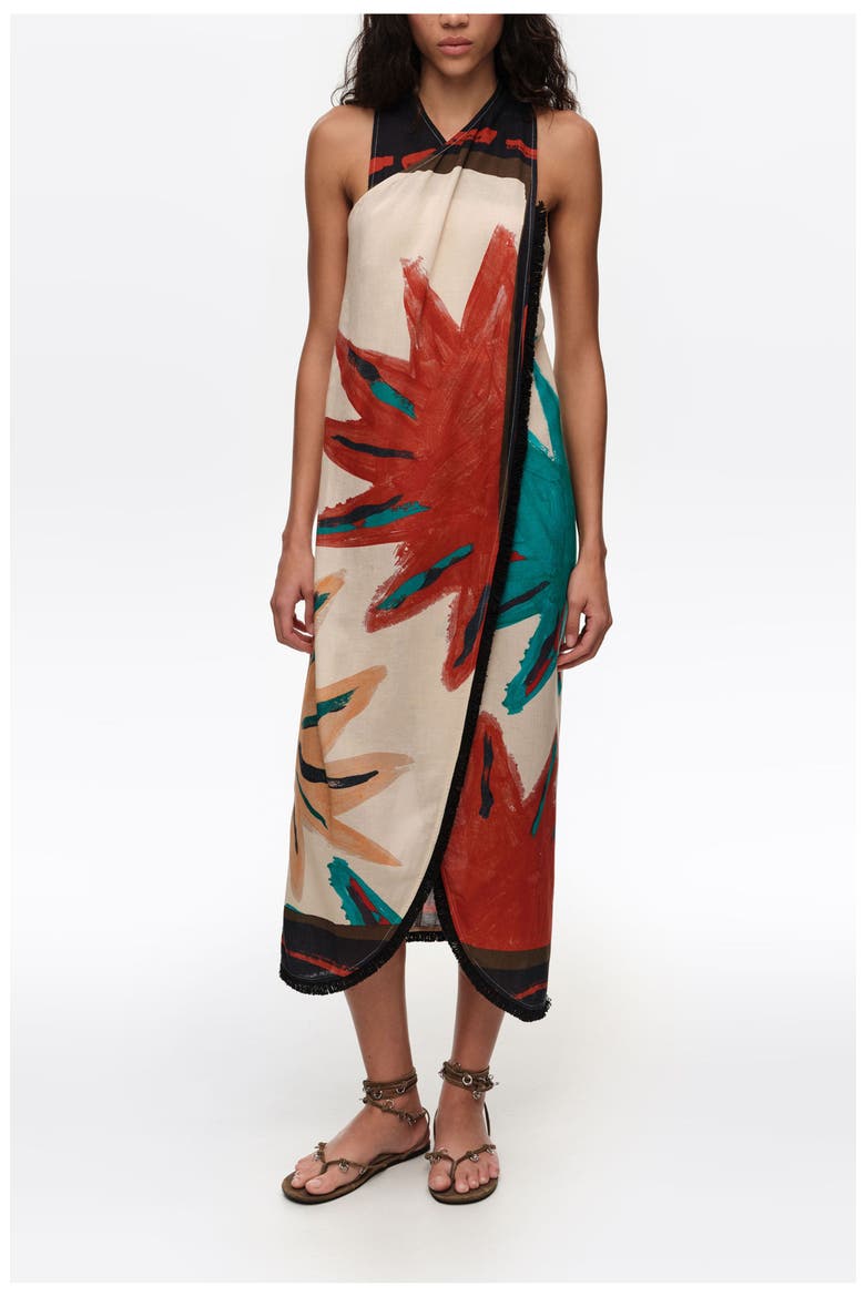 Positional Sun Fringed Midi Wrap Dress, Main, color, SUN POSITIONAL