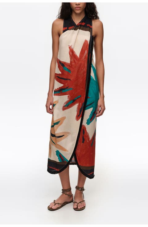 Positional Sun Fringed Midi Wrap Dress