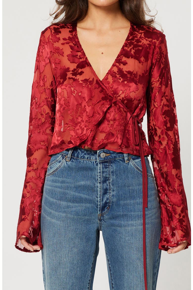 Rodeo Sheer Burnout Wrap Top, Main, color, RUBY