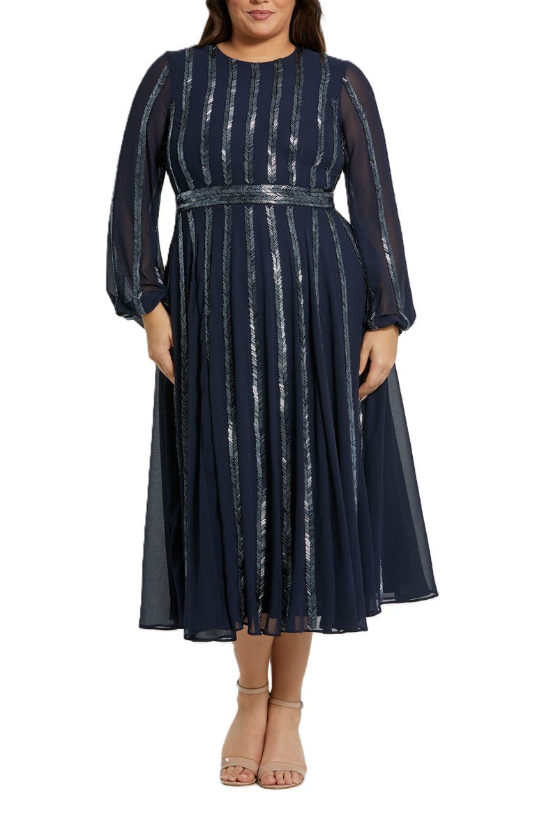 Long Sheer Sleeve Beaded Dress, Main, color, Midnight