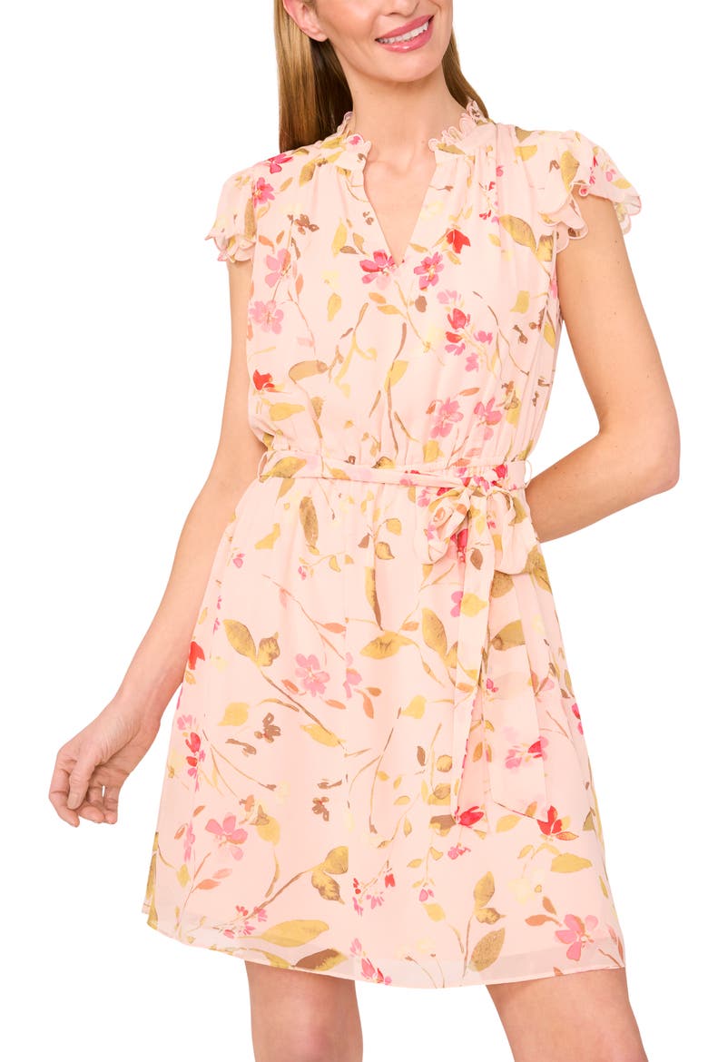 Floral Flutter Sleeve Dress, Alternate, color, SUGAR PEACH